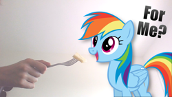 Size: 1280x720 | Tagged: safe, artist:awesomebrony, imported from derpibooru, rainbow dash, human, pegasus, pony, female, food, fork, hand, happy, irl, irl human, mare, open mouth, photo, pineapple, ponies in real life, smiling, solo, standing, text