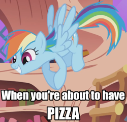Size: 686x657 | Tagged: safe, edit, edited screencap, imported from derpibooru, screencap, rainbow dash, pegasus, pony, season 1, the ticket master, caption, female, food, golden oaks library, hooves, hooves together, image macro, mare, meme, pizza, solo, text, that pony sure does love pizza