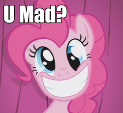 Size: 981x901 | Tagged: safe, edit, edited screencap, imported from derpibooru, screencap, pinkie pie, earth pony, pony, season 1, the ticket master, big smile, caption, cross-eyed, derp, female, image macro, mare, meme, reaction image, smiling, solo, text, u mad