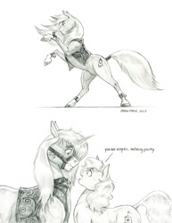 Size: 1000x1298 | Tagged: safe, artist:baron engel, imported from derpibooru, oc, oc:carousel, earth pony, pony, unicorn, earth pony oc, female, horn, male, mare, monochrome, pencil drawing, rearing, simple background, stallion, story included, traditional art, unicorn oc, white background
