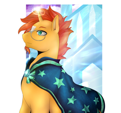 Size: 1920x1800 | Tagged: safe, artist:icy_passio, imported from derpibooru, sunburst, pony, unicorn, cape, cloak, clothes, facial hair, gemstones, glasses, glowing, glowing horn, goatee, green eyes, horn, magic, male, stallion, sunburst's cloak