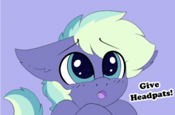 Size: 1280x846 | Tagged: safe, artist:pegamutt, imported from derpibooru, oc, oc only, oc:murphy, bat pony, pony, animated, bat pony oc, cute, floppy ears, gif, head pat, open mouth, pat, pony oc, purple background, simple background, solo, speech bubble, text