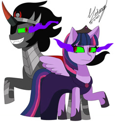 Size: 1280x1364 | Tagged: safe, artist:denisseguadiana, imported from derpibooru, king sombra, twilight sparkle, alicorn, pony, unicorn, bevor, boots, clothes, corrupted, corrupted twilight sparkle, crown, dark magic, dress, duo, duo male and female, fangs, female, helmet, inspired by another artist, jewelry, magic, male, male and female, queen twilight, queen twilight sparkle, regalia, shipping, shoes, simple background, sombra eyes, sombra's cape, sombra's robe, straight, tiara, twibra, white background