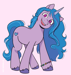 Size: 3442x3604 | Tagged: safe, artist:daisy_marshmallow, imported from derpibooru, izzy moonbow, pony, unicorn, colored sketch, g5, head tilt, long mane, looking at you, no pupils, pink background, simple background, sketch, smiling, smiling at you, solo