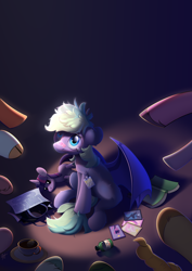 Size: 2480x3508 | Tagged: safe, artist:yarugreat, imported from derpibooru, oc, oc only, oc:murphy, bat pony, pony, badge, bag, bags, bandaid, bandaid on nose, bat pony oc, bat wings, book, complex background, con badge, convention, crying, cup, help me, helping, hooves, looking up, photos, pony oc, sad, sitting, spread wings, teacup, wings