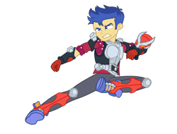 Size: 2300x1745 | Tagged: safe, artist:gmaplay, imported from derpibooru, flash sentry, human, equestria girls, clothes, duo, kamen rider, kamen rider ryuki, kick, ponied up, reference, school uniform, simple background, solo, spanish description, transparent background