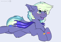 Size: 2000x1400 | Tagged: safe, artist:snowstormbat, imported from derpibooru, oc, oc only, oc:murphy, bat pony, pony, bandaid, bat pony oc, bat wings, blushing, chest fluff, cute, ear fluff, fangs, fluffy, folded wings, gift art, leg fluff, looking away, looking up, lying down, open mouth, pony oc, prone, solo, wings