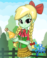 Size: 2015x2490 | Tagged: safe, artist:rjp.rammy, imported from derpibooru, oc, oc only, oc:apple tree, human, equestria girls, bow, braid, cider, female, fence, hair bow, solo