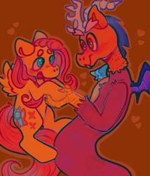 Size: 2151x2518 | Tagged: safe, artist:aoi2ruby, imported from derpibooru, discord, fluttershy, butterfly, draconequus, pegasus, alternate cutie mark, antlers, blushing, colorful, discoshy, female, holding hands, horn, interspecies, looking at each other, looking at someone, male, mare, shipping, straight