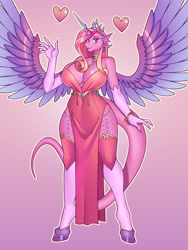 Size: 3000x4000 | Tagged: safe, artist:nauth, imported from derpibooru, oc, oc only, oc:mi amore serena, alicorn, anthro, dracony, dragon, hybrid, big breasts, breasts, celestia's dragon breeding program, clothes, commission, dress, female, gradient background, hatching, interspecies offspring, offspring, parent:princess cadance, parent:spike, parents:spikedance, pinup, solo
