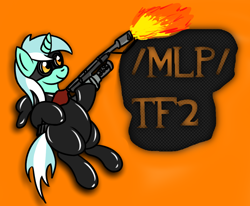 Size: 1082x891 | Tagged: artist needed, safe, imported from derpibooru, lyra heartstrings, unicorn, /mlp/ tf2 general, female, fire, flamethrower, goggles, hoof hold, mare, orange background, pyro, rubber suit, simple background, solo, team fortress 2, text, weapon