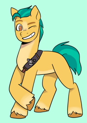 Size: 2919x4132 | Tagged: safe, artist:daisy_marshmallow, imported from derpibooru, hitch trailblazer, earth pony, pony, g5, green background, looking at you, male, no pupils, one eye closed, sash, sheriff's badge, simple background, smiling, smiling at you, solo, stallion, unshorn fetlocks, wink