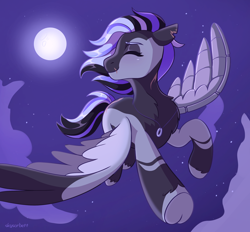 Size: 2128x1973 | Tagged: safe, artist:skysorbett, imported from derpibooru, oc, oc only, pegasus, pony, artificial wings, augmented, eyes closed, female, flying, mechanical wing, moon, night, pegasus oc, scar, solo, underhoof, wings