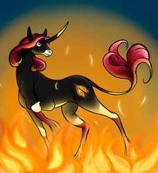 Size: 1388x1525 | Tagged: safe, artist:snedrir, imported from derpibooru, oc, oc only, oc:sininen, pony, unicorn, curved horn, fire, horn, leonine tail, tail, unicorn oc