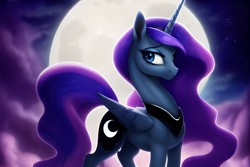 Size: 1920x1280 | Tagged: safe, derpibooru exclusive, editor:dovakkins, imported from derpibooru, princess luna, alicorn, pony, ai content, ai generated, cloud, cloudy, concave belly, cute, ethereal mane, ethereal tail, female, galaxy mane, generator:stable diffusion, long neck, missing accessory, moon, night, night sky, peytral, sky, smiling, solo, sternocleidomastoid, tail, wings