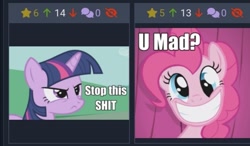 Size: 667x390 | Tagged: safe, imported from derpibooru, screencap, pinkie pie, twilight sparkle, derpibooru, meta, trolling, vulgar