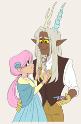 Size: 1347x2048 | Tagged: artist needed, safe, imported from derpibooru, discord, fluttershy, human, spoiler:g5comic, dark skin, discoshy, duo, female, g5, height difference, humanized, light skin, male, old man discord, older, older fluttershy, shipping, straight