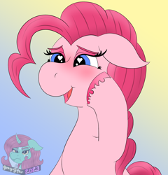 Size: 1150x1200 | Tagged: safe, artist:gray star, imported from derpibooru, pinkie pie, earth pony, pony, blushing, gradient background, heart, heart eyes, hoof on cheek, open mouth, open smile, smiling, unshorn fetlocks, wingding eyes