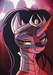 Size: 1448x2048 | Tagged: safe, artist:dodsie, imported from derpibooru, king sombra, pony, unicorn, bust, clothes, female, horn, lidded eyes, looking at you, portrait, queen umbra, rule 63, smiling, smirk, solo