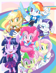 Size: 1000x1300 | Tagged: safe, artist:kanayanga, imported from derpibooru, applejack, fluttershy, pinkie pie, rainbow dash, rarity, spike, twilight sparkle, alicorn, anthro, dragon, earth pony, pegasus, unicorn, bracelet, clenched fist, ear piercing, grin, hairclip, hand on hip, jewelry, looking at you, mane seven, mane six, mobian, open mouth, piercing, smiling, sonic the hedgehog (series), sonicified, twilight sparkle (alicorn)