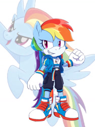 Size: 774x1032 | Tagged: safe, artist:kanayanga, imported from derpibooru, part of a set, rainbow dash, anthro, pegasus, clenched fist, grin, looking at you, mobian, smiling, sonic the hedgehog (series), sonicified