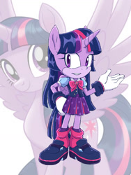 Size: 774x1032 | Tagged: safe, artist:kanayanga, imported from derpibooru, part of a set, twilight sparkle, alicorn, anthro, grin, hand on hip, looking at you, mobian, smiling, smiling at you, sonic the hedgehog (series), sonicified, twilight sparkle (alicorn)