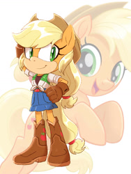 Size: 774x1032 | Tagged: safe, artist:kanayanga, imported from derpibooru, part of a set, applejack, anthro, earth pony, hand on head, hand on hip, looking at you, mobian, smiling, smiling at you, sonic the hedgehog (series), sonicified