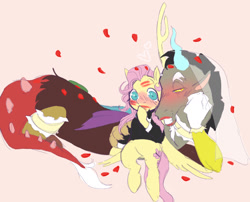 Size: 1449x1172 | Tagged: safe, artist:vilesmell, imported from derpibooru, discord, fluttershy, draconequus, pegasus, clothes, crossdressing, discoshy, female, femboy discord, fluttershy likes femboys, male, marriage, rose petals, shipping, straight, tuxedo, wedding