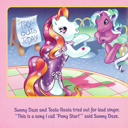 Size: 2350x2350 | Tagged: safe, artist:lyn fletcher, imported from derpibooru, sunny daze (g3), toola roola, earth pony, pony, bipedal, clothes, dialogue, dress, duo, female, g3, mare, pony pop stars, scan, singing