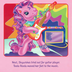 Size: 2350x2350 | Tagged: safe, artist:lyn fletcher, imported from derpibooru, skywishes, earth pony, pony, bipedal, female, g3, guitar, hoof hold, mare, musical instrument, playing instrument, pony pop stars, scan, solo