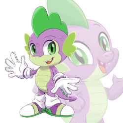 Size: 894x894 | Tagged: safe, artist:kanayanga, imported from derpibooru, part of a set, spike, anthro, dragon, mobian, open mouth, sonic the hedgehog (series), sonicified, waving, waving at you