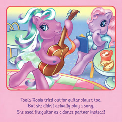 Size: 2350x2350 | Tagged: safe, artist:lyn fletcher, imported from derpibooru, sweetsong, toola roola, earth pony, pony, anatomically incorrect, bipedal, clothes, dancing, duo, female, g3, guitar, hoof hold, incorrect leg anatomy, mare, musical instrument, pony pop stars, scan, sitting, skirt, sweater