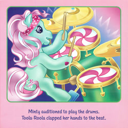 Size: 2350x2350 | Tagged: safe, artist:lyn fletcher, imported from derpibooru, minty, earth pony, pony, drums, drumsticks, emanata, female, g3, headband, hoof hold, mare, musical instrument, playing instrument, pony pop stars, scan, sitting, solo