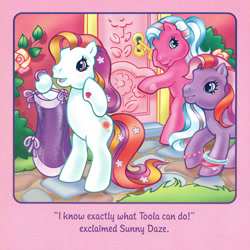 Size: 2350x2350 | Tagged: safe, artist:lyn fletcher, imported from derpibooru, cotton candy (g3), sunny daze (g3), twinkle twirl, earth pony, pony, bipedal, dialogue, female, g3, hoof hold, mare, pony pop stars, scan, trio
