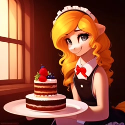 Size: 816x814 | Tagged: safe, imported from derpibooru, oc, oc:sophie hoofington, earth pony, pony, ai content, ai generated, blonde hair, blueberry, cake, clothes, earth pony oc, female, food, generator:purplesmart.ai, generator:stable diffusion, maid, mare, smiling, strawberry, window