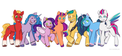 Size: 4132x1898 | Tagged: safe, artist:daisy_marshmallow, imported from derpibooru, hitch trailblazer, izzy moonbow, pipp petals, sprout cloverleaf, sunny starscout, zipp storm, earth pony, pegasus, pony, unicorn, alternate new mane six (g5), bracelet, colored wings, eyebrows, eyebrows visible through hair, female, freckles, friendship bracelet, g5, group, high res, jewelry, line-up, looking at you, male, mane seven (g5), mare, misty brightdawn, multicolored wings, no pupils, open mouth, open smile, pipp is short, sash, septet, sheriff's badge, signature, simple background, smiling, smiling at you, spread wings, stallion, unshorn fetlocks, white background, wings