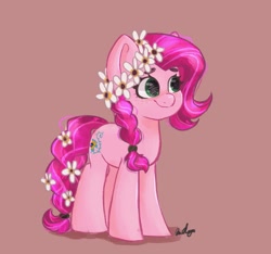 Size: 1641x1538 | Tagged: safe, artist:indigohatetrain, imported from derpibooru, gloriosa daisy, earth pony, pony, braid, earth pony gloriosa daisy, equestria girls ponified, female, floral head wreath, flower, flower in tail, pink background, ponified, simple background, solo, tail