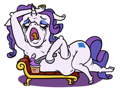 Size: 893x677 | Tagged: safe, artist:jargon scott, imported from derpibooru, rarity, pony, unicorn, belly button, chubby, crying, fainting couch, food, hoof hold, ice cream, lying down, marshmelodrama, muffin top, on side, open mouth, rarity being rarity, simple background, solo, spoon, white background