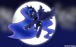 Size: 2500x1548 | Tagged: safe, artist:scarletdoodle, imported from derpibooru, princess luna, alicorn, blue coat, blue eyes, butt, ethereal mane, female, hoof shoes, mare, moon, moonbutt, night, plot, princess, solo, starry mane, stars