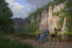 Size: 2232x1500 | Tagged: safe, artist:koviry, imported from derpibooru, oc, oc only, oc:silver lightning, earth pony, pegasus, pony, cliff, commission, forest, grass, pegasus oc, ponified, river, saddle, scenery, sergeant reckless, tack, tree, water