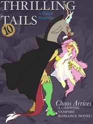 Size: 831x1113 | Tagged: safe, artist:vilesmell, imported from derpibooru, discord, fluttershy, undead, vampire, blood, cover, discoshy, female, magazine cover, male, pulp, shipping, straight