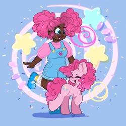 Size: 2048x2048 | Tagged: safe, artist:indigohatetrain, imported from derpibooru, pinkie pie, earth pony, human, pony, clothes, dark skin, duo, eyes closed, female, happy, human ponidox, humanized, mare, open mouth, open smile, overalls, pinkie puffs, self paradox, self ponidox, smiling