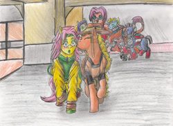 Size: 1600x1164 | Tagged: safe, artist:drwolfsea, imported from derpibooru, applejack, fluttershy, earth pony, pegasus, pony, appleshy, blushing, cheek kiss, clothes, comic con, cosplay, costume, dio brando, duo focus, female, heart, hol horse, jojo's bizarre adventure, kissing, lesbian, shipping, surprised, traditional art