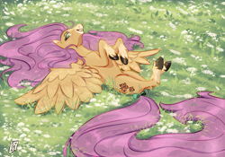 Size: 2388x1668 | Tagged: safe, artist:nightprince-art, imported from derpibooru, fluttershy, pegasus, pony, alternate cutie mark, bow, cute, female, flower, flower field, grass, grin, horses doing horse things, long mane, long tail, lying down, mare, on back, shyabetes, smiling, solo, spread wings, tail, tail bow, unshorn fetlocks, wings