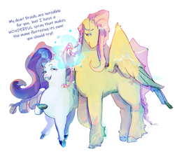 Size: 1361x1200 | Tagged: safe, artist:nekoboygandalf, imported from derpibooru, fluttershy, rarity, pegasus, pony, unicorn, dialogue, duo, female, glowing, glowing horn, height difference, horn, magic, mare, simple background, tallershy, telekinesis, text, white background