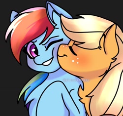 Size: 1308x1227 | Tagged: safe, artist:bloodyfeatherz, imported from derpibooru, applejack, rainbow dash, earth pony, pegasus, pony, appledash, black background, chest fluff, duo, eyes closed, female, lesbian, nuzzling, shipping, simple background, smiling