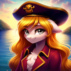 Size: 2048x2048 | Tagged: safe, imported from derpibooru, oc, oc:sophie hoofington, anthro, earth pony, ai content, ai generated, anthro oc, apricote coat, blonde hair, chest fluff, clothes, cute, female, generator:purplesmart.ai, generator:stable diffusion, gray eyes, hat, mare, pirate, pirate hat, smiling, solo