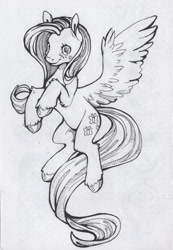 Size: 1024x1476 | Tagged: safe, artist:alcidence, imported from derpibooru, fluttershy, pegasus, pony, female, grayscale, looking at you, mare, monochrome, smiling, smiling at you, solo, spread wings, traditional art, wings