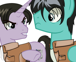 Size: 1464x1200 | Tagged: safe, artist:harmonicdreemur1308, imported from derpibooru, pony, unicorn, attack on titan, clothes, duo, eren jaeger, frown, levi ackerman, male, ponified, simple background, stallion, white background