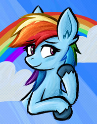 Size: 615x785 | Tagged: safe, artist:daze, imported from derpibooru, rainbow dash, pegasus, pony, cloud, female, mare, rainbow, smiling, solo